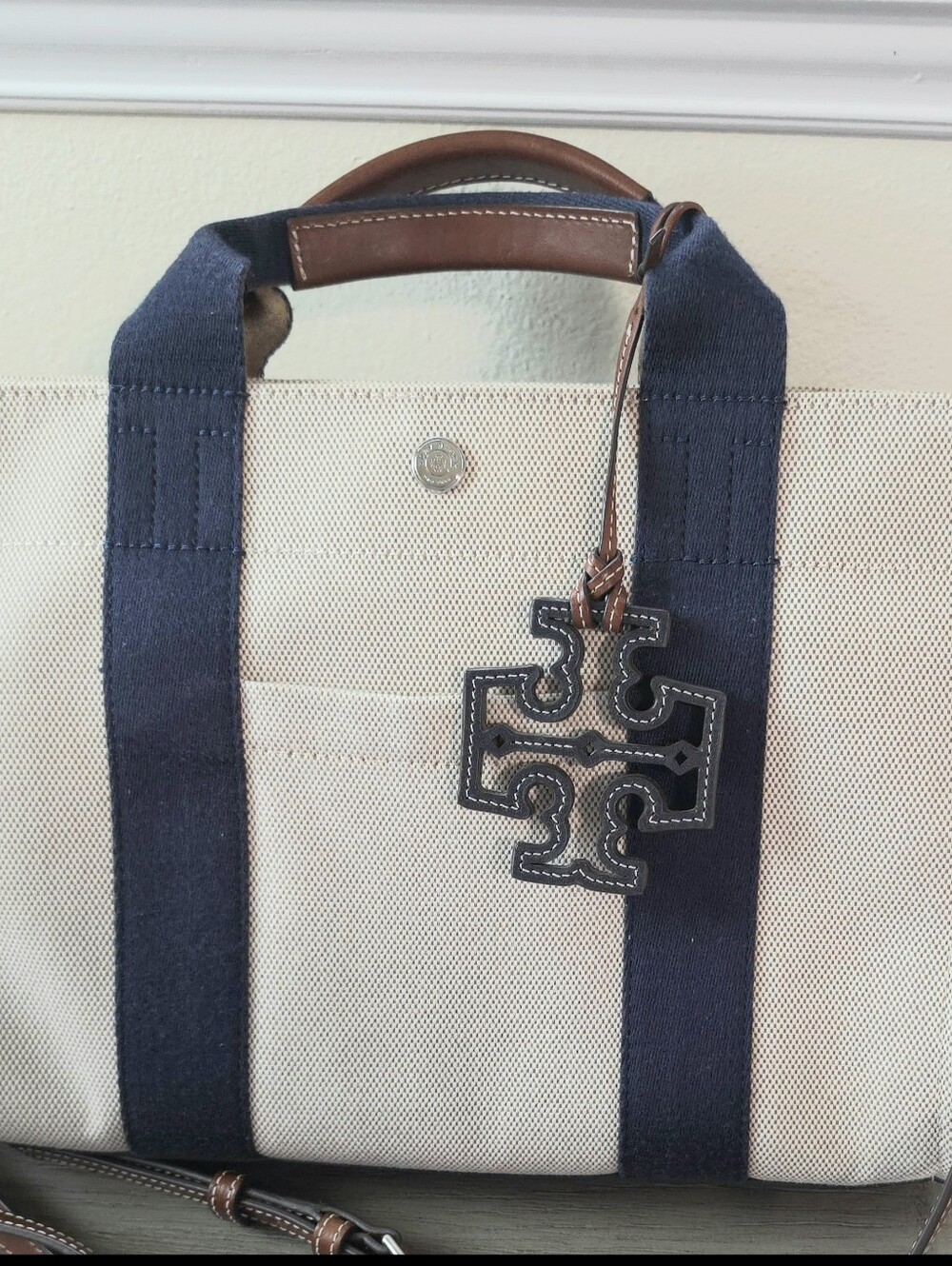 Tory Burch Cream Canvas Zip Tote with Navy Straps and Brown Leather Trim